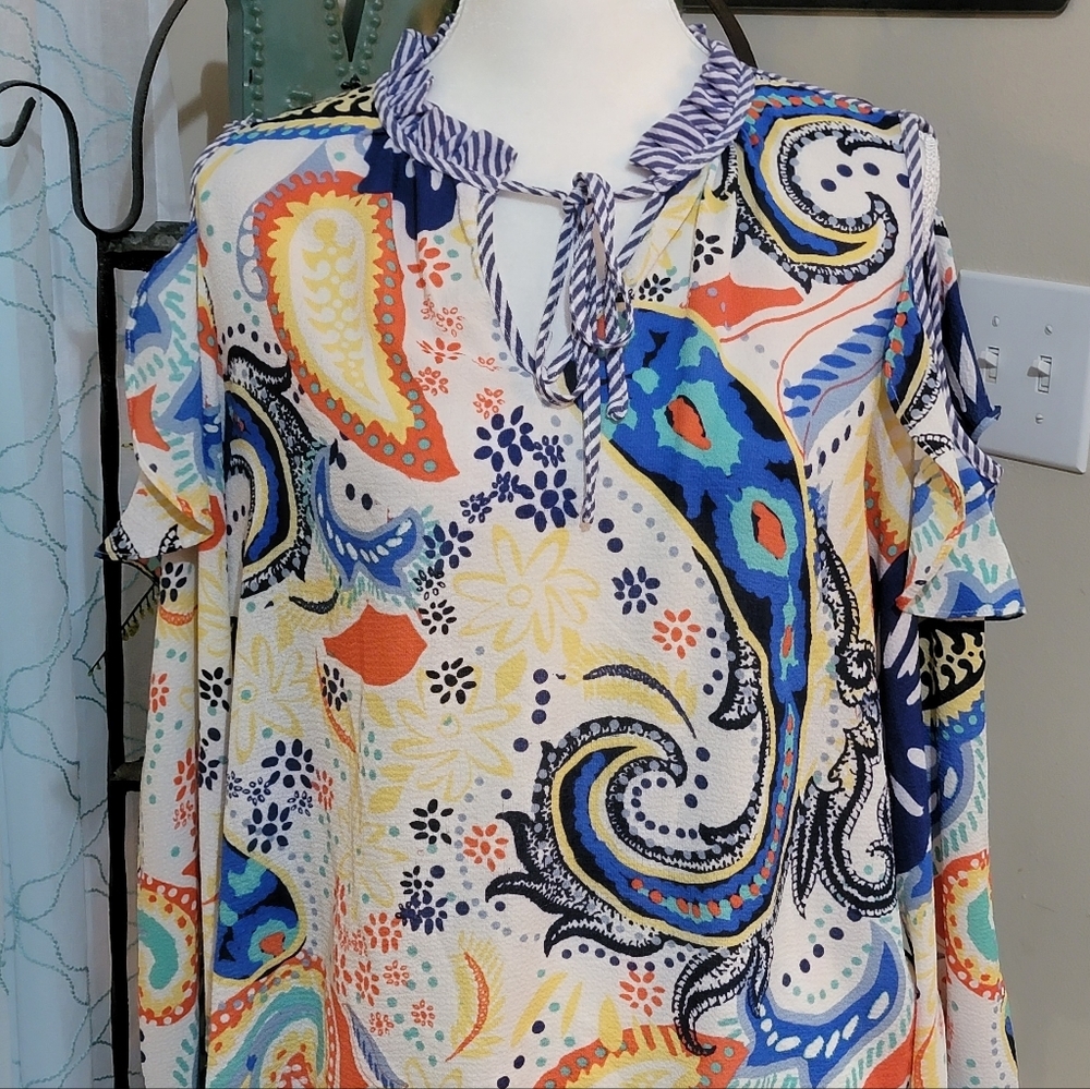 Melissa Paige Boho Paisley Cold Shoulder Tunic Blouse Women's Size Petite Large